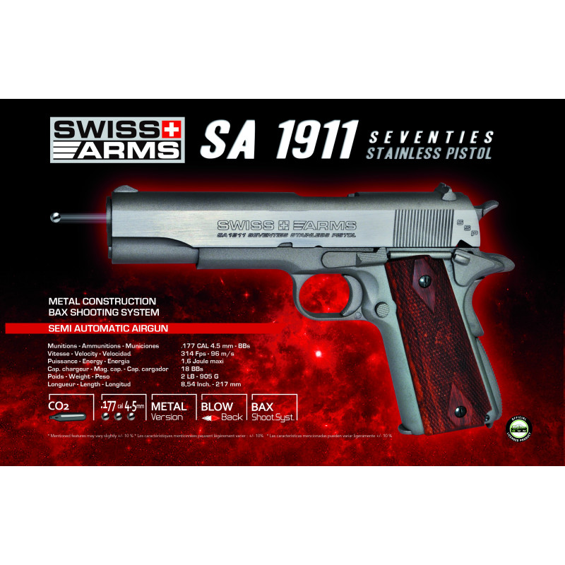 SWISS ARMS 1911 SEVENTIES STAINLESS PISTOL 4,5mm culasse mobile /C6